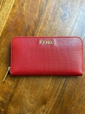 FENDI Leather Zip Around Wallet, Red, Gold HW